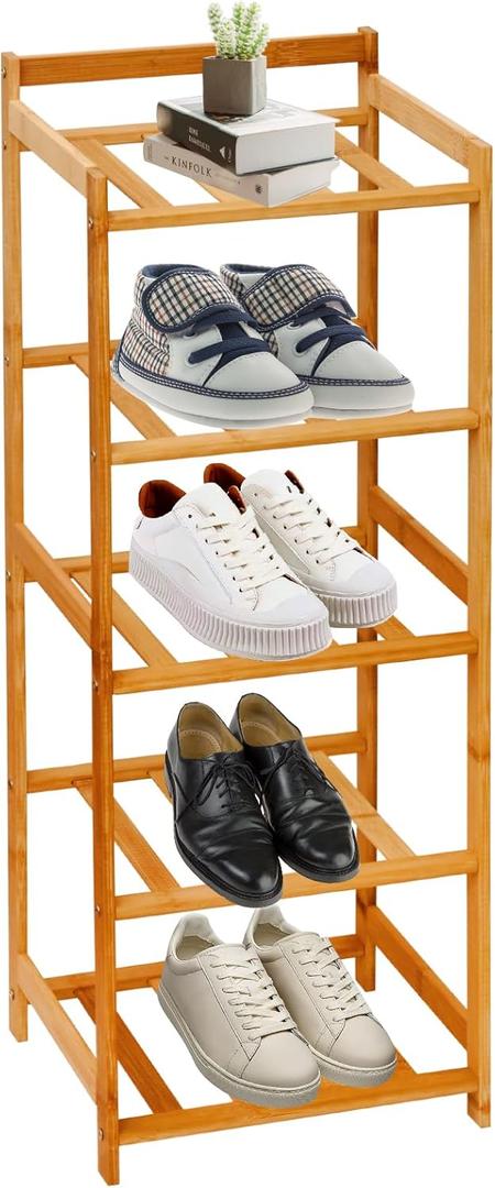 Bamboo Shoe Rack Vertical Narrow,5-Tier Shoe Rack for Entryway Bamboo Shelf Shoe Rack Storage Organizer for Skinny Shoe Rack for Small Spaces with Bamboo Shelf