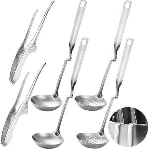 gisgfim 6 PCS Hot Pot Slotted Ladle Set Stainless Steel Soup Ladle BBQ Hotpot Tongs Kit Non Slip Cooking Utensils Stainless Hot Pot Accessories Shabu Shabu Utensils Strainer Set Skimmer Cookware Set