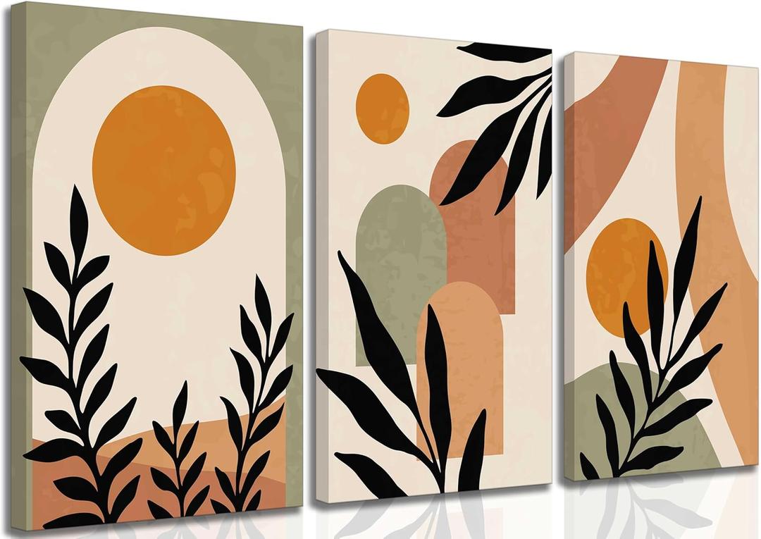 3 Pcs Mid Century Modern Boho Sun Canvas Wall Art Neutral Abstract Minimalism Bohemian Mountains Plants Pictures Wall Decor Posters Prints Artwork for Bedroom Living Room Home Decoration
