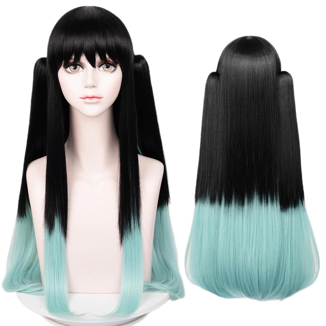 Max Beauty Anime Black & Blue Cosplay Wig for Men, Long Straight Hair Daily Wig for Cosplay Synthetic Hair for Halloween Costume Party Hair Wig + Cap