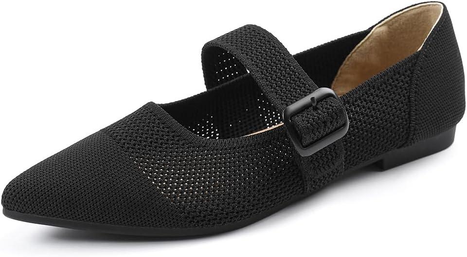 Semwiss Women's Pointed Toe Ballet Flats Dressy Casual Office Mary Jane Flats (8, Black)