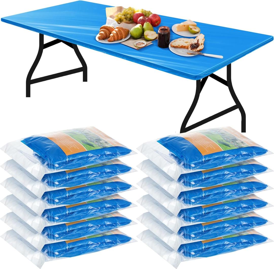 Boao 12 Pcs Plastic Table Cloths Disposable for Parties Picnic Table Covers with Elastic Fitted Elastic Desk Cover Rectangle Waterproof for Indoor, Outdoor, Picnic, Camping(8 Ft, 96 x 30 Inch,Blue)