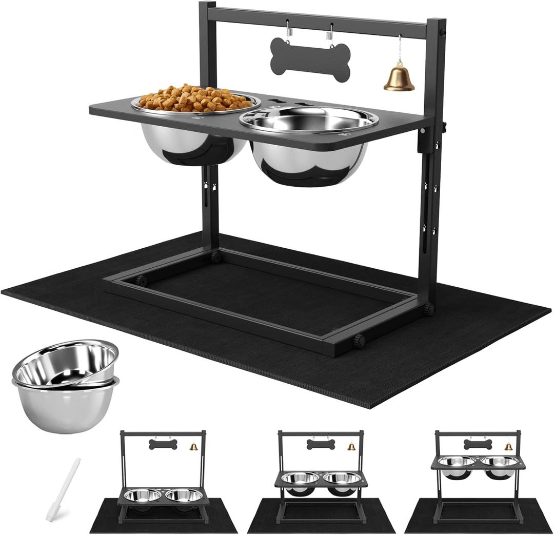 SHAINFUN Elevated Dog Bowls with Mat, Adjustable Height 4.3''-11.8'', Metal Stand, Two 1.7L Stainless Steel Food & Water Bowls for Large, Medium Dogs