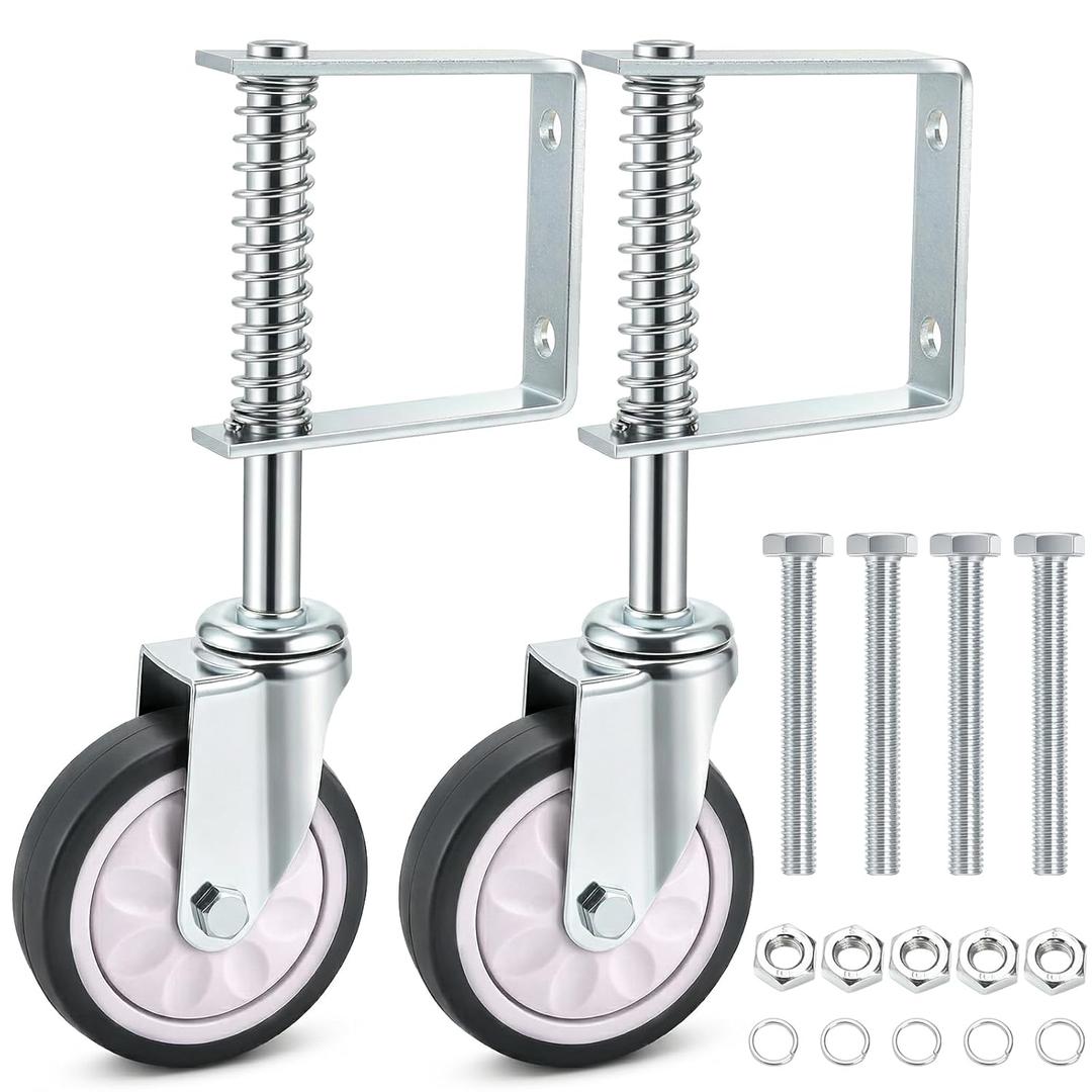Goaste 2 Pack Spring Loaded Gate Casters, 4 Inch Heavy Duty Gate Wheels, 360 Degree Sliding Gates Wheel, Rubber Gate Support Wheels with Universal Mount Plate for Wooden Gate Metal Gate Fence, 220lbs