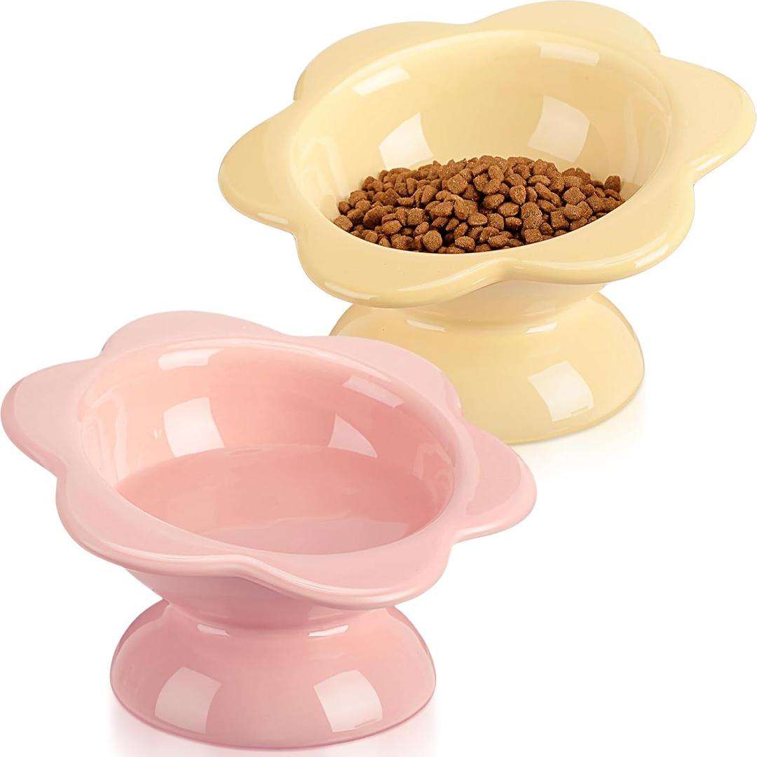 Hushee 2 Pcs Ceramic Raised Cat Bowls 7 oz Flower Shaped Cat Food Dish Stress Free on Neck and Spine Dishwasher Safe Feeding Bowls for Small Kitten