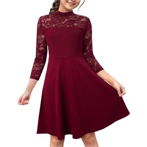 Kilottor Girl's Dress Elegant Floral Lace 3/ 4 Sleeve Wedding Party A Line Dress (Burgundy, 11-12 Years)