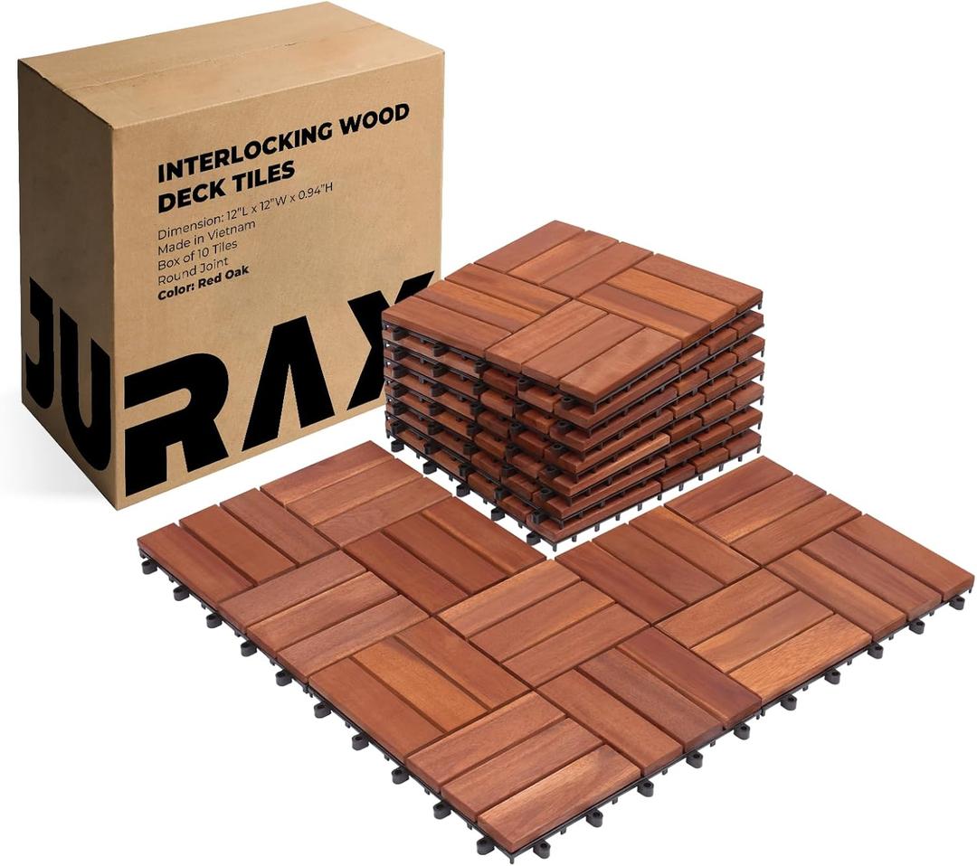 Premium Patio Deck Tiles, 10 PCs 12x12 Snap Together Patio Flooring for Outdoor, Balcony, Porch, Poolside, Waterproof All Weather (Red Oak)
