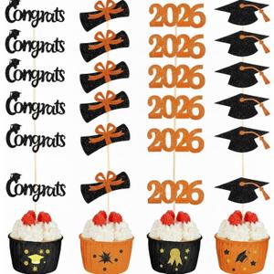 Chinco 100 Pack 2026 Graduation Cupcake Toppers Glitter Grad Cap Food Appetizer Picks Cake Caps Party Decorations Diploma Cupcake Picks for Cake Class of 2026 Graduation Party(Black and Orange)