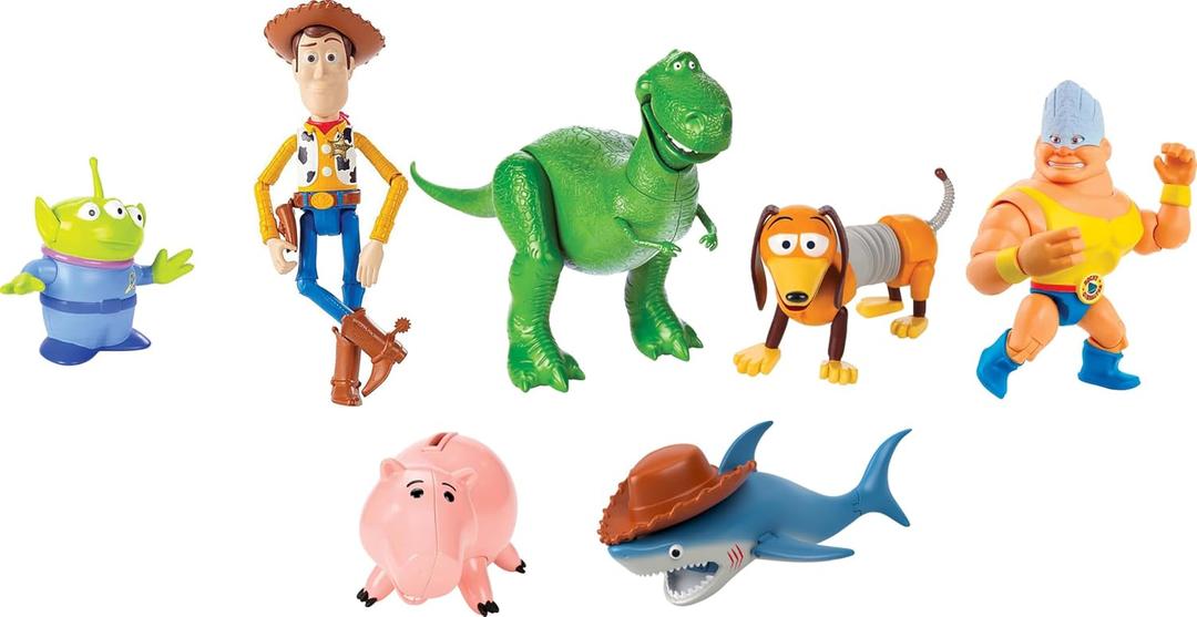 Mattel Disney Pixar Toy Story Set of 7 Action Figures with Woody, Slinky, Rex, Hamm, Alien, Rocky & Shark, Mattel Disney100 Collectible