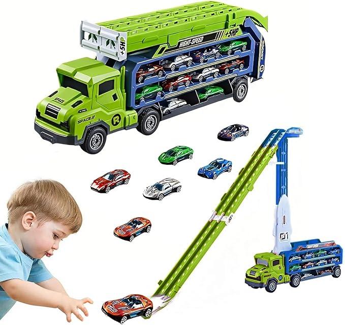 Carrier Truck Transport Toy, Foldable 2Layer Car Race Track Playset with 25" Track & 6 Metal Cars, Birthday Gift for Boys Ages 38 (Green)