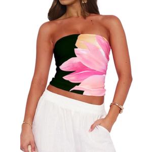 Cioatin Women Cute Floral Print Strapless Bandeau Tube Tops Y2K Aesthetic Sleeveless Slim Fit Flower Crop Tank Going Out (S)