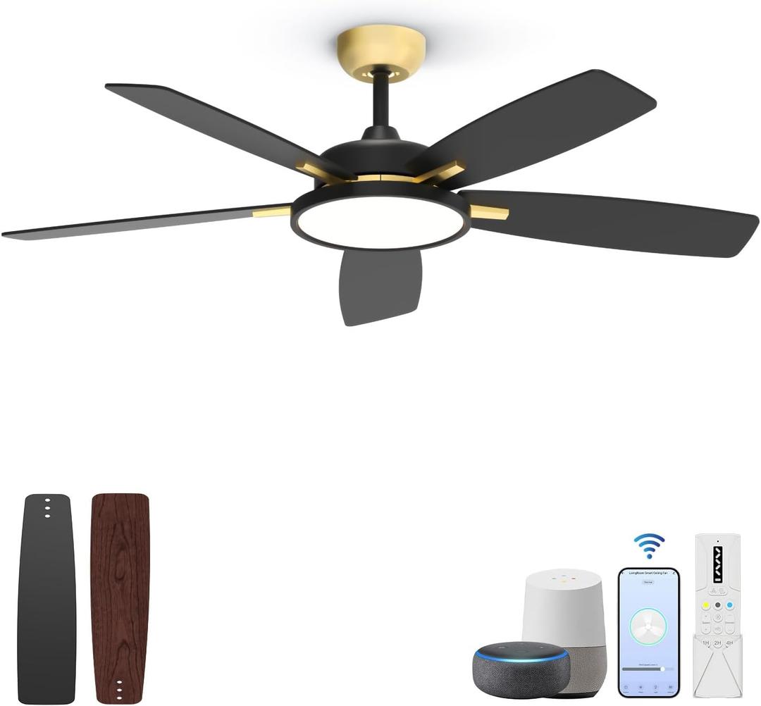 Roomratv Ceiling Fans with Lights,52 inch Smart Ceiling Fans with Dimmable LED Light Compatible with Google Home Alexa App Control(Black Gold