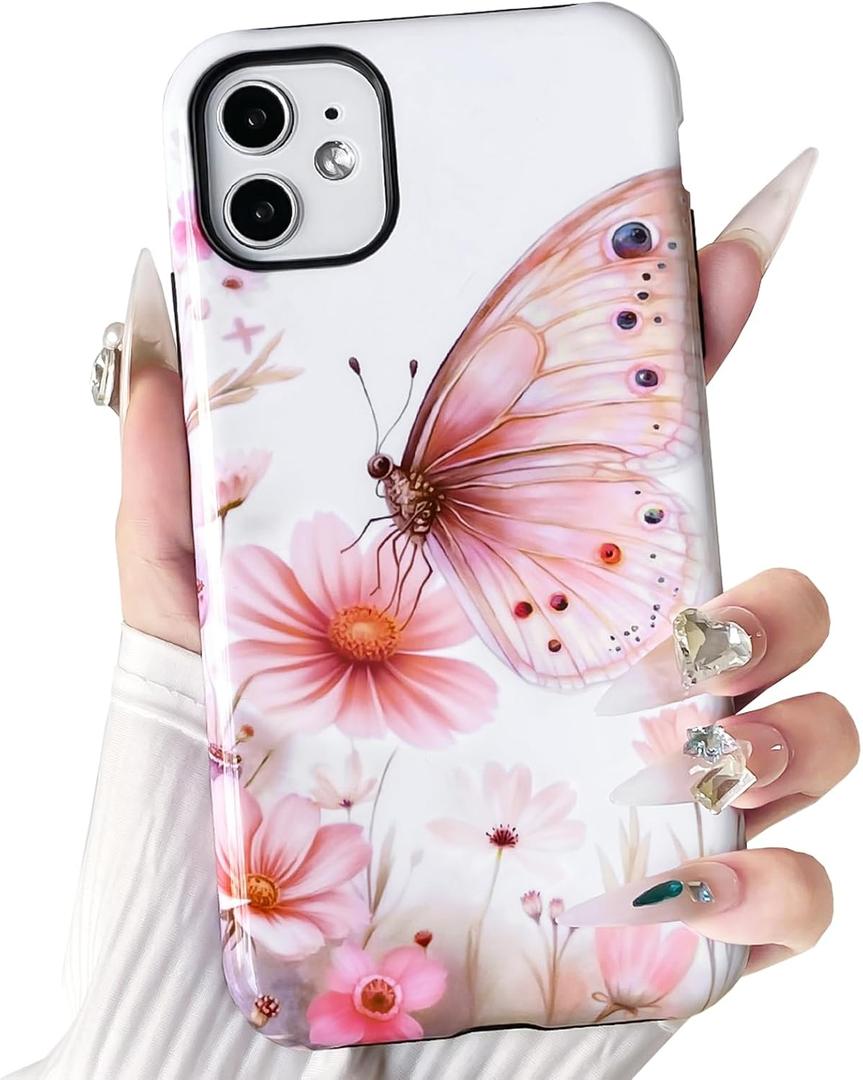 NITITOP Compatible with iPhone 11 Case Cute Butterfly Flowers Floral Pattern for Women Girls Glossy Hybrid 2 Layers Back Shockproof Protective Phone Cover - Pink