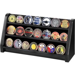 Challenge Coin Display Case, Solid Wood 3 Row Military Coin Holder Rack Stand Holds 20 Coins for Desk or Wall Mount, Coin Holders for Collectors (Black Finish)