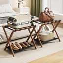 Fully Assembled Walnut Luggage Racks Set of 2, Bamboo 26.77" Luggage Rack Stand for Guest Room, 5 Nylon Straps, Foldable Suitcase Stand with Storage Shelf for Bedroom Hotel, Holds up to 165 Lbs