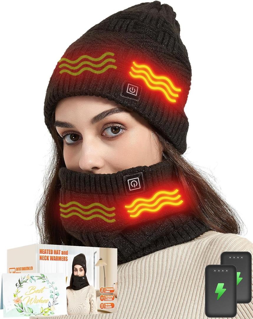 Heated Hat - Men and Women Neck Warmer Scarf & Heating Hats Set, 4000mAh Battery Pack, 3 Temperature Control