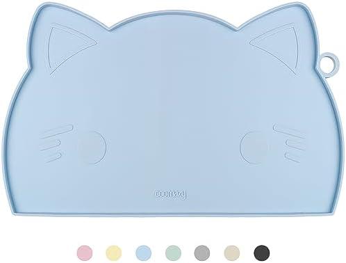 Coomazy Cat Food Mat - Thicker Dog Feeding Mat with Raised Edge, Non-Slip Silicone for Floor, Waterproof (Blue, Medium)
