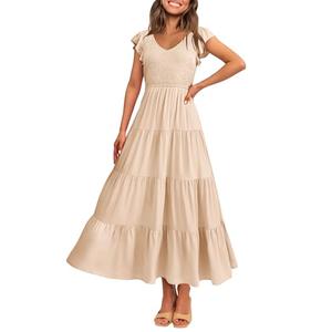 PRETTYGARDEN Women's Summer Flowy Maxi Dress Casual Cap Sleeve V Neck Smocked Beach Sundress (Solid Beige,Small)