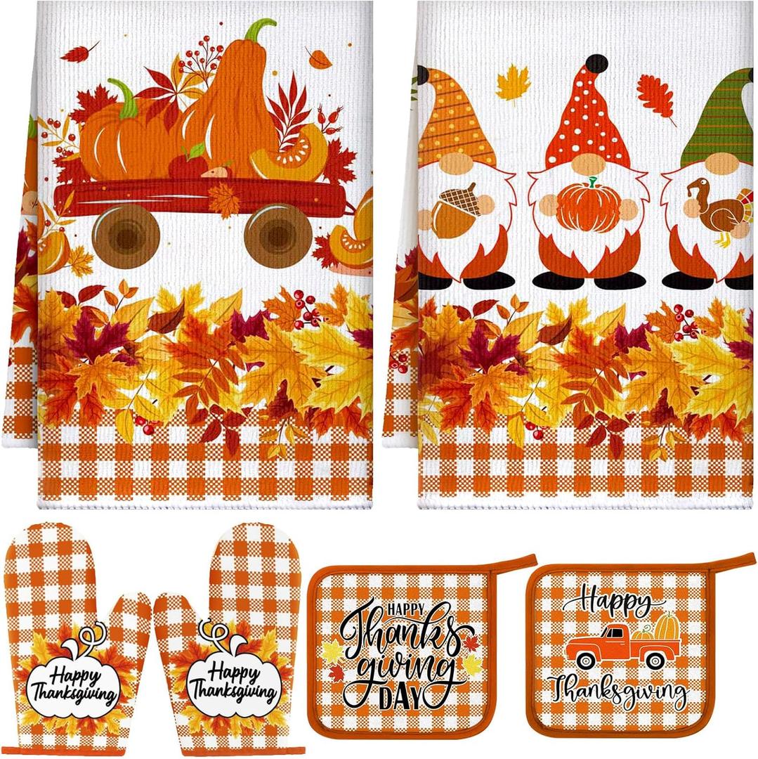 Leinuosen 6 Pack Thanksgiving Kitchen Set with 2 Gnome Dish Towels, 2 Maple Leaves Pot Holders and 2 Car Oven Mitts for Gifting, Baking, and Cooking Accessories (Vibrant Color)
