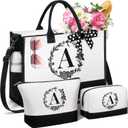 Personalized Gifts for Women, Initial Canvas Tote Bag & Makeup Bag Monogrammed Beach Tote Bags for Women w/ Zipper, Mothers Day Birthday Gifts for Mom Her Wife Girlfriend Sister Best Friend Teacher