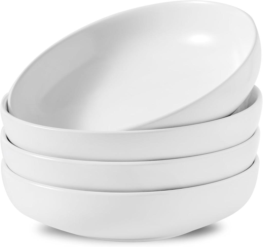 Pasta Bowls Set of 4, Stoneware 34 oz Salad Bowls, Ceramic Bowl Plates for Pasta, Salad, Fruit, Cereal, Soup, Wide Shallow Bowls, Microwave & Dishwasher Safe, Matte White