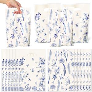 Blue and White Floral Bird Party Favor Bags - 50Pcs Plastic Sketch Birds Flowers Candy Treat Snack Gift Sacks with Handles Snack Goodie Bags for Wedding Birthday Party Supplies Decor