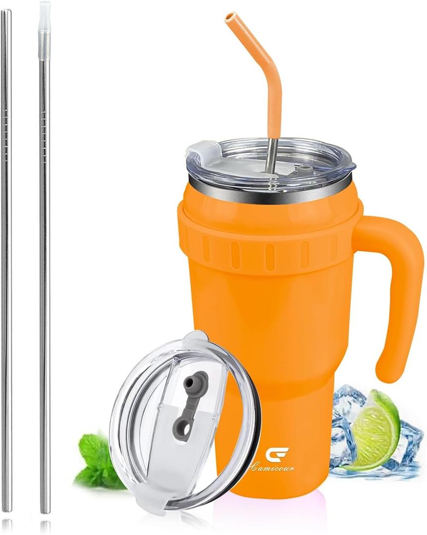 40 Oz Tumbler with Handle and Straw Insulated Stainless Steel Travel Mug with Lid Leak Proof Cup Holder Friendly Gifts for Women Men Him Her(Orange)