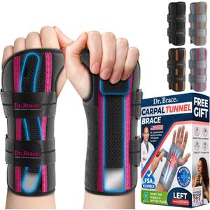 DR. BRACE Adjustable Wrist Brace Night Support for Carpal Tunnel, Doctor Developed, Upgraded with Double Splint & Therapeutic Cushion,Hand Brace for Pain Relief,Injuries,Sprains (S/M Left Hand, Black-Pink)