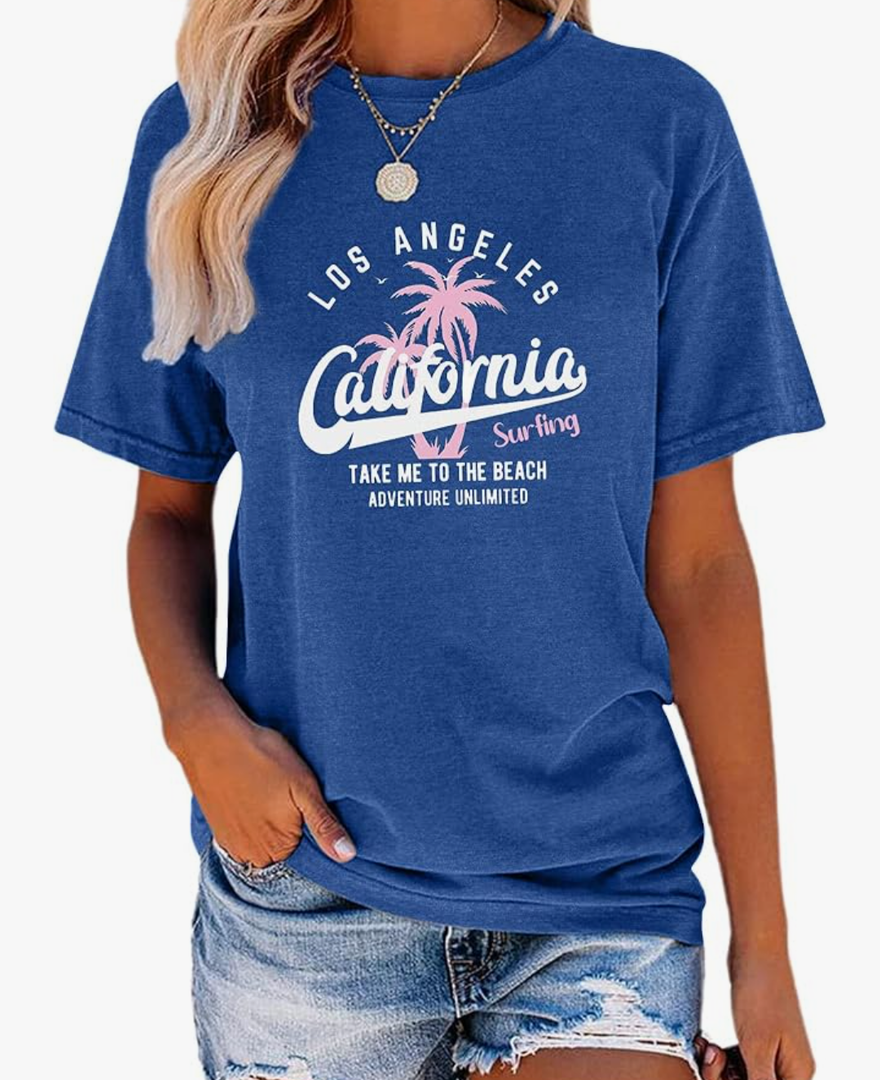 TAKEYAL Women Los Angeles Graphic T Shirts California Letter Print Short Sleeve Tee Loose Casual Tops L