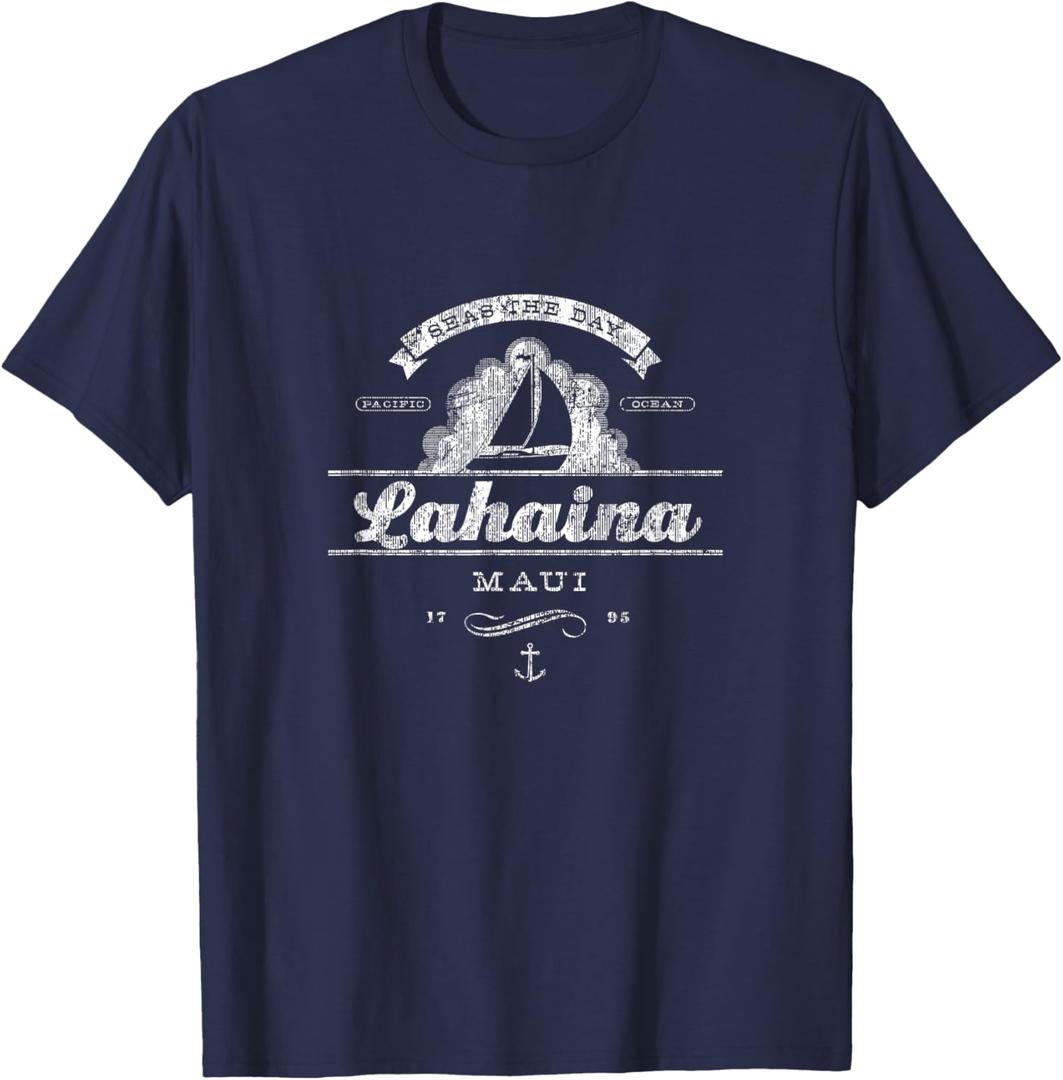 Lahaina Maui HI Sailboat Vintage Nautical T-Shirt (Small, Navy Blue)
