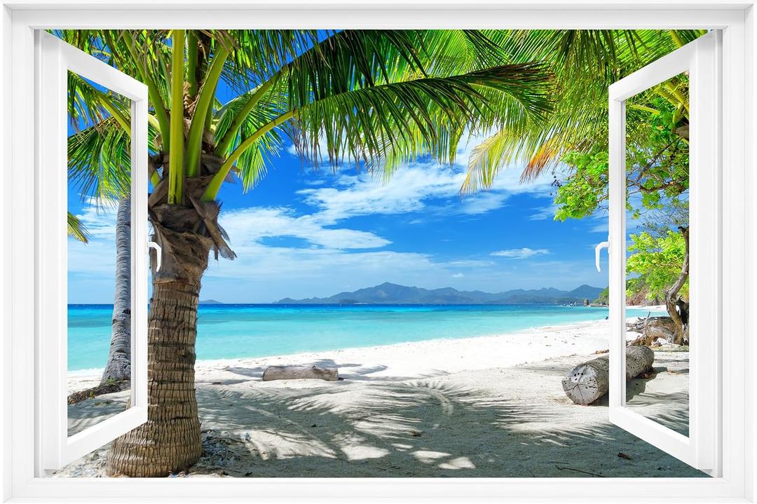 Fake Window Decal - 48"x32" Pre-Cut Vinyl Wall Art (Top & Bottom Panels) | Tropical Beach Palm Trees Mural Sticker | Removable Peel & Stick Decor