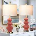 26" Triple Gourd Ceramic Table Lamps Set of 2,Modern Orange Bedside Lamps USB A+C Ports & AC Outlet -Ceramic Nightstand Lamps for Bedroom, 3 Way Touch Control Contemporary Living Room End Tables