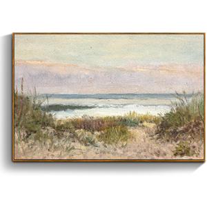 crmotu Beach Framed Wall Art, Coastal Landscape Canvas Prints, Ocean Wave Vintage Wall Decor, Nature Scenery Rustic Wall Paintings for Living Room Bedroom Bathroom Kitchen Decorations 16x24in (16L" x 24W")
