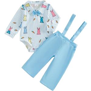 Infant Baby Boy Easter Outfit Bunny Print Bowtie Dress Romper and Suspender Pants Gentleman Suit (12-18 Months, Sky Blue)