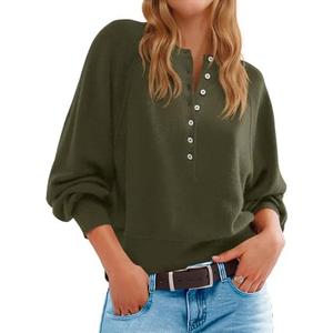Saodimallsu Womens Button Crew Neck Sweater Fall Long Sleeve Henley Shirts Trendy Loose Knit Pullover Tops, Size: M