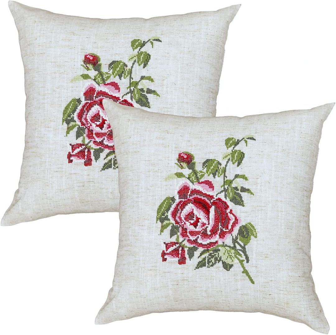 Pillow Covers 18 x 18 Inches Set of 2 Beige Soft Throw Pillow Covers with Red Rose Farmhouse Decoration Exquisite Embroidery Cushion Covers for Home Bed Couch Sofa