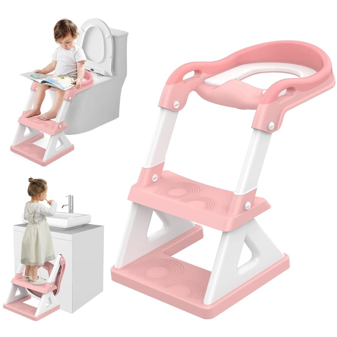 BOSEDSANG 2 in 1 Potty Training Toilet Seat & Toddler Step Stool, Bottom Triangle Stability Toddler Toilet Seat, Adjustable Step & Seat Height Potty Seats for Toddlers Boys Girls (Pink)