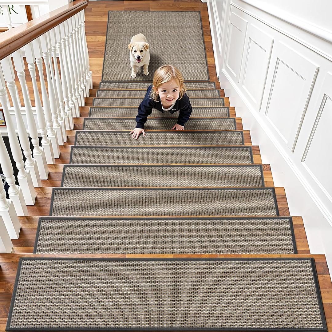 Chenille Stair Treads Non Slip 4pcs Absorbent Stair Runner for Wooden Steps Rubber Backing Stairs Carpet Treads Indoor Staircase Covers Mat with Rubber Backing for Pets Kids 8"X30" Black White