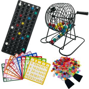 Deluxe Bingo Game Set,Bingo Set Includes Metal Cage,600 Mixed Color Plastic Chips,100 Large Cards,75 Bingo Balls,Plastic Masterboard, 2 Velvet Bag,Great for Adults Large Group and Parties