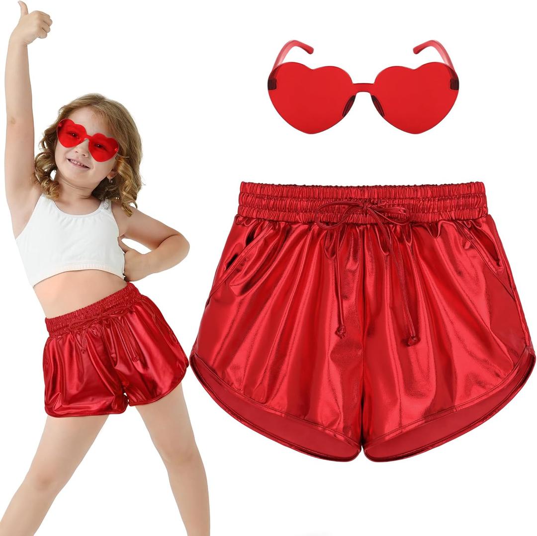 Metallic Shorts Shiny Hot Pants Sparkly Dance Outfits Short Party Outfits with Sunglasses (10-11 Years, Red)