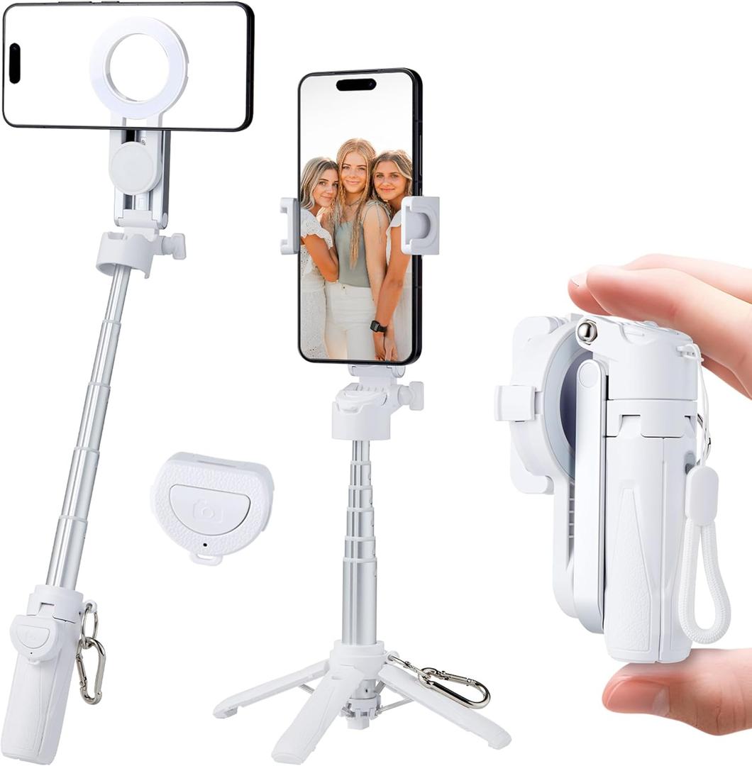Magnetic Tripod for Phone,2 in 1 for Magsafe Stand Clip Portable Pocket Size Selfie Stick for Android/iPhone,Phone Holder with Wireless Rechargeable Remote Control for Photography, Live Streaming (Light)