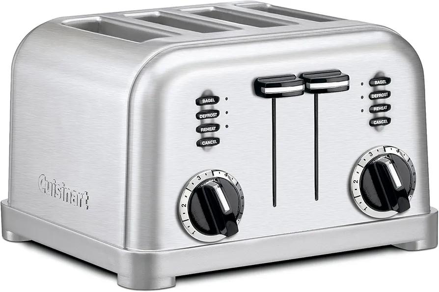 Cuisinart 4 Slice Toaster, Compact Stainless Steel Toaster with Extra-Wide Slots for Toasting Bread, French Toast, Bagels and Pastries, Defrost & Reheat Functions, CPT-180P1, Brushed Stainless