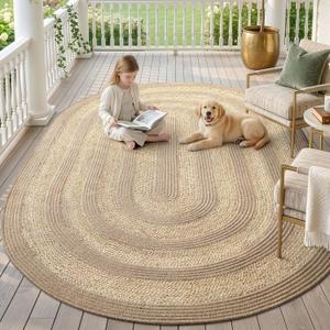 DEXI Jute Area Rug Natural Fiber 6x9 Oval, Woven Braided Durable Farmhouse Design Rugs for Living Room, Bedroom Dinning Room Office Outdoor Patio, Natural/Beige