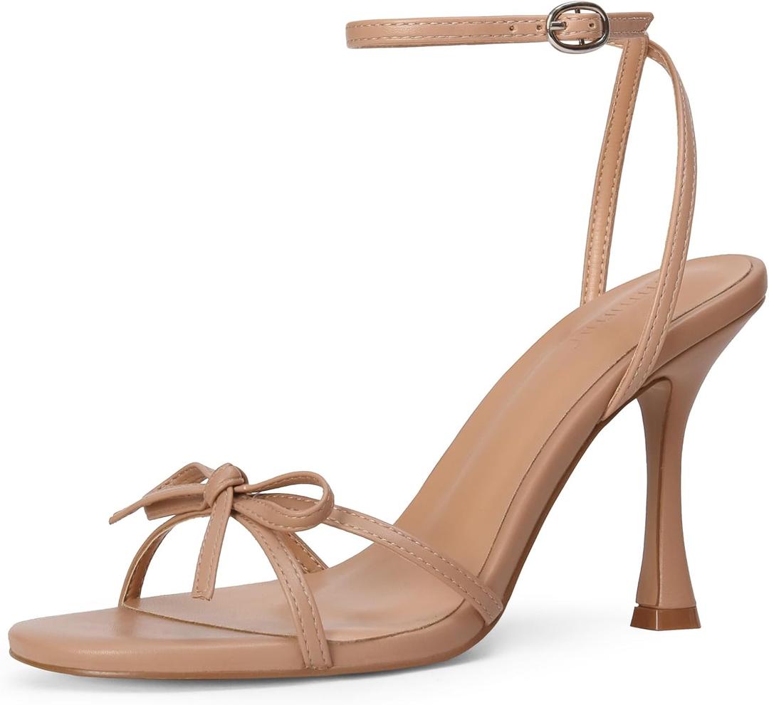 iiimmu Women's Bow Heels 4 IN Stiletto Heeled Sandals for Women Round Open Toe Sandals Elegant Summer Heels Soft PU Leather/Faux Suede (9, Nude)