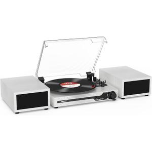Vinyl Record Player with External Speakers BT 5.3 Wireless Turntable Portable with 3 Speed USB Vintage Wooden White