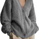 chouyatou Women Furry Open Front Cardigan V-Neck Loose Casual Fluffy Knit Button Down Sweater Coat (Large, Dark Grey)