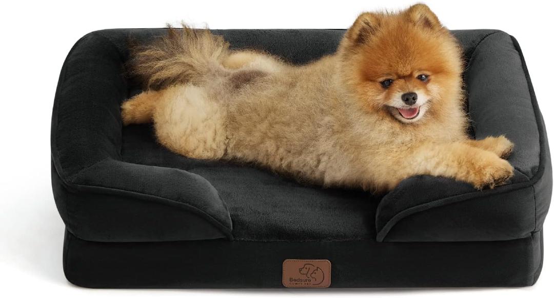 Bedsure Small Orthopedic Dog Bed - Washable Bolster Dog Sofa Beds for Small Dogs, Supportive Foam Pet Couch Bed with Removable Washable Cover, Waterproof Lining and Nonskid Bottom Couch, Black (24.0"L x 18.0"W x 6.0"Th)