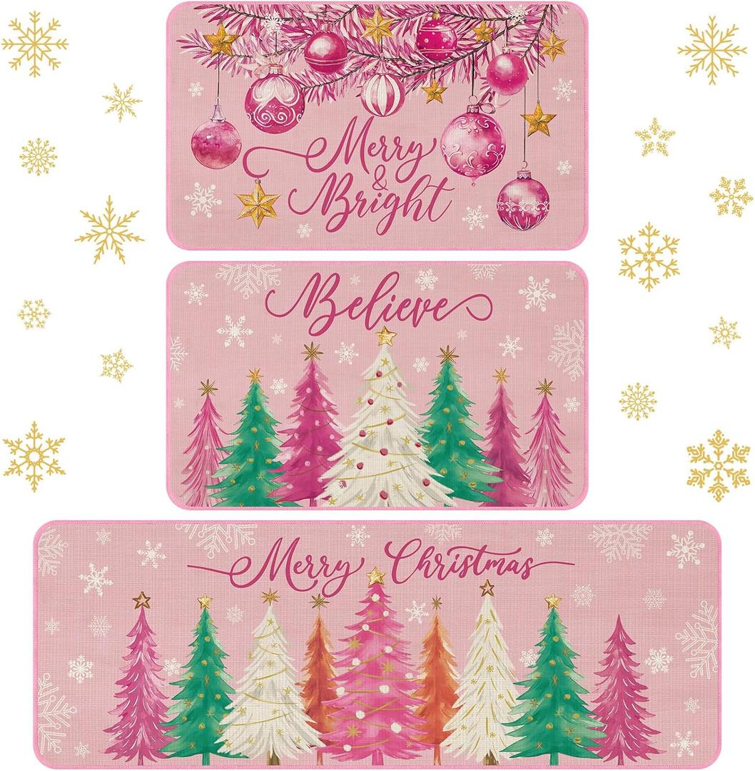 3 Pcs Christmas Kitchen Rug and Mat Set Washable Pink Xmas Tree Kitchen Floor Mats Waterproof Non Slip Farmhouse Merry Christmas Doormat Holiday Xmas Decor for Home Office Bathroom Party Decor