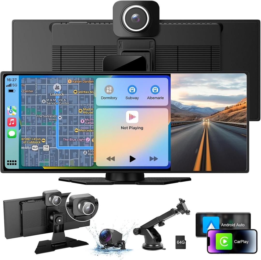 10.26" Wireless CarPlay & Android Auto Screen with 4K Dash Cam, GPS Navigation, Bluetooth, Backup Camera, Touchscreen Portable Car Stereo for All Vehicles, Easy Dashboard Mount