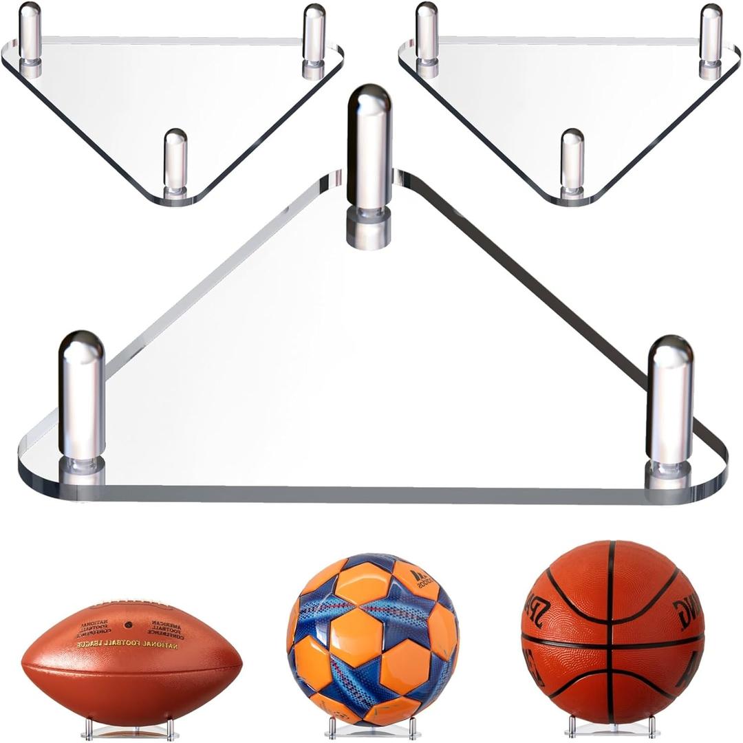 Happyseason 3-Pack Acrylic Football Stand, Basketball Stand with Stainless Steel Rods, Soccer Ball Holder, Volleyball Holder, Round-Edge Rack for Balls, Easy to Assemble (Clear)